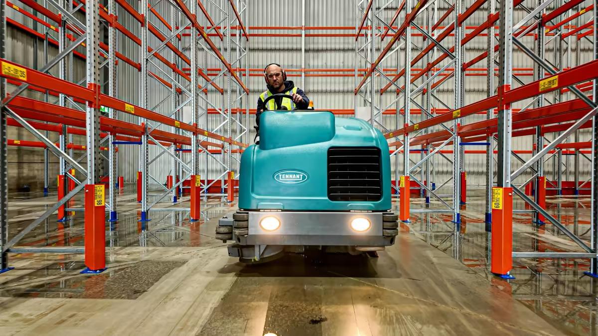 Operator on industrial floor scrubber machine cleaning wet warehouse floor between red storage racks