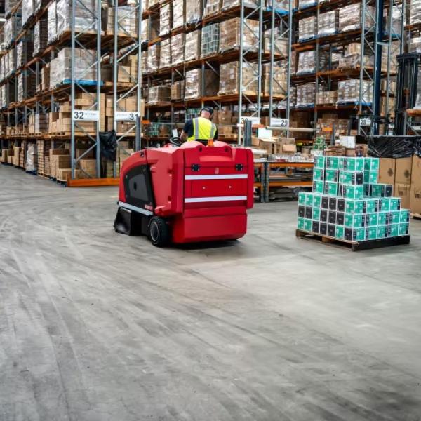 Red floor scrubber machine cleaning warehouse floor with pallet racking and storage boxes