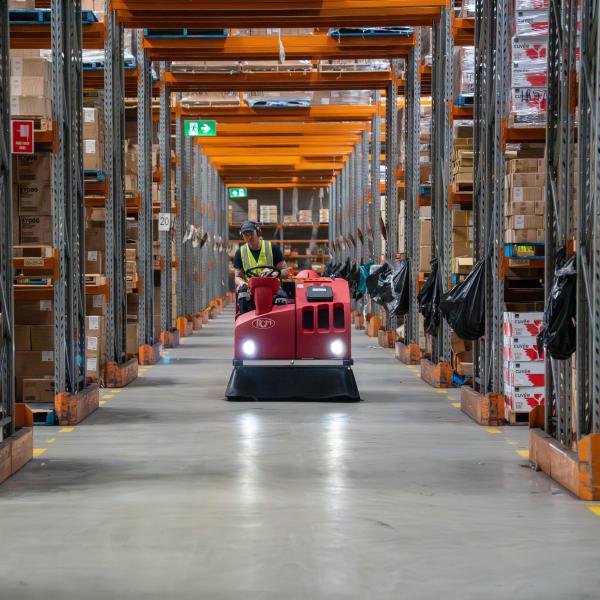 Warehouse worker operating red floor cleaning machine between tall storage racks filled with cardboard boxes